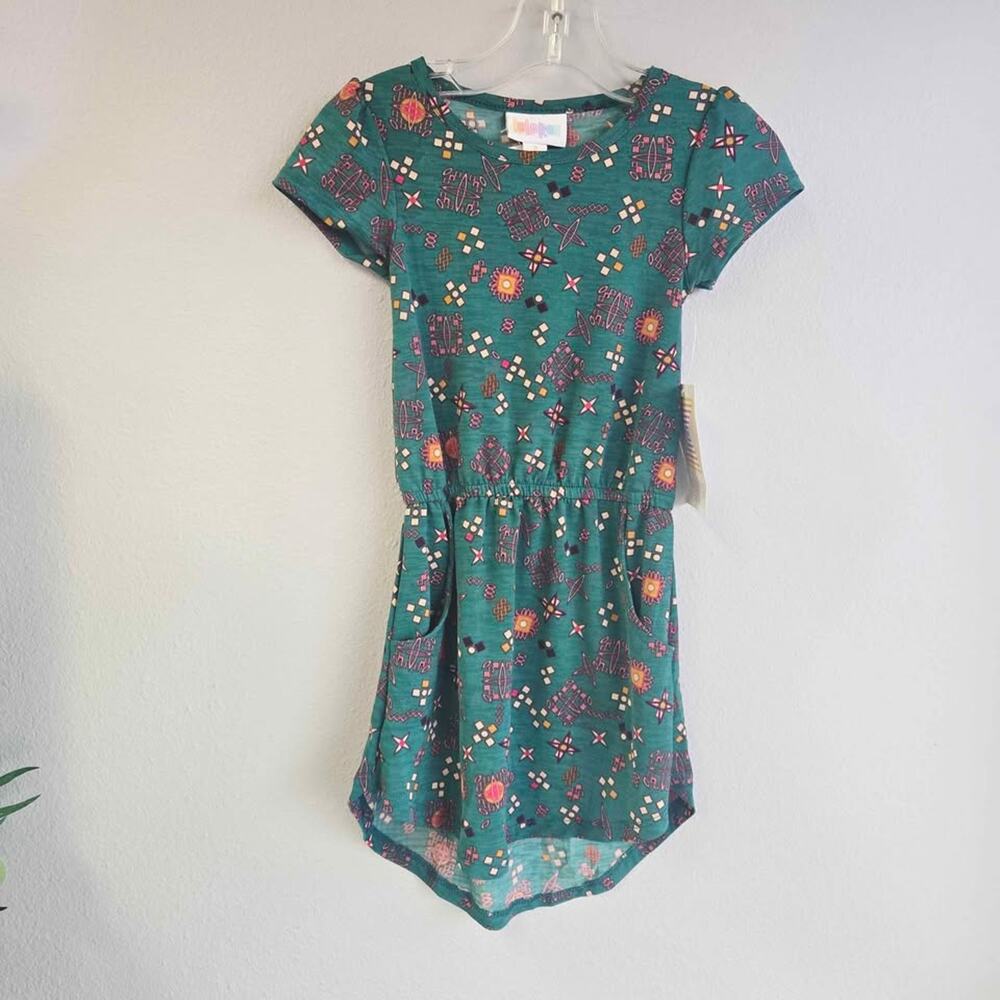 LuLaRoe Scarlett Geometric Print Short Sleeve Pocket Dress‎ Teal Size 2
